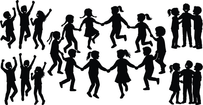 Happy children dancing in a circle and jumping black silhouette vector icons set