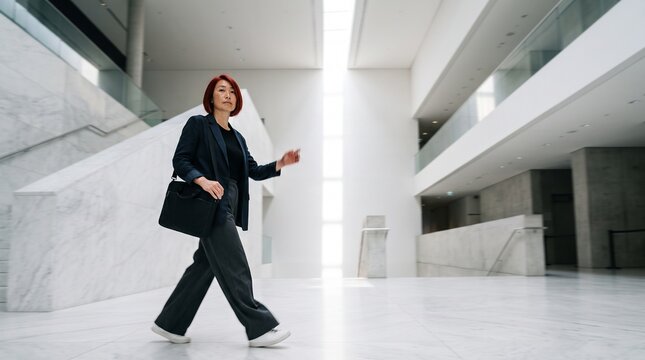 Professional Woman Walking Through Modern Office Building