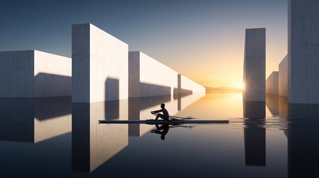 Rower Navigating Architectural Waterway at Sunset