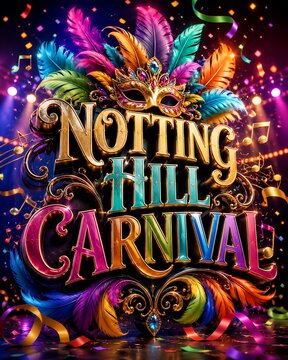 Notting hill carnival poster with colorful feathers and golden mask celebrating a festive street parade event in london city