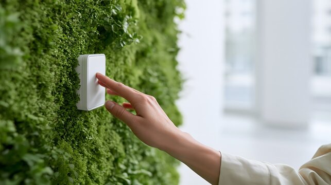 Close up of hand pressing white smart switch on green moss wall