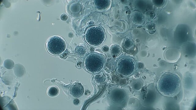 Extreme macro view of probiotic microbes and healthy intestinal microbiome in a cinematic laboratory setting, concept of scientific research and wellness.
