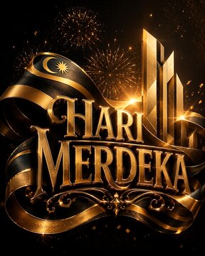 Hari merdeka gold text celebration with malaysia national flag ribbon and fireworks background for independence day graphic design