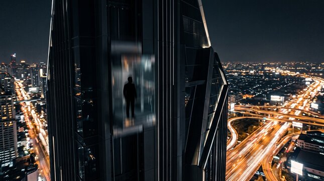 Silhouette Standing in Elevator Above City at Night