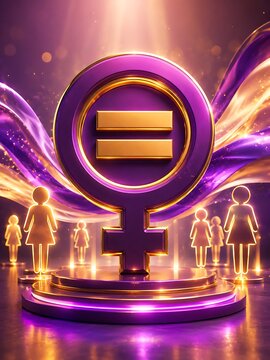 Golden female gender equality symbol with stylized silhouettes of women standing on a glowing stage in a dark purple background