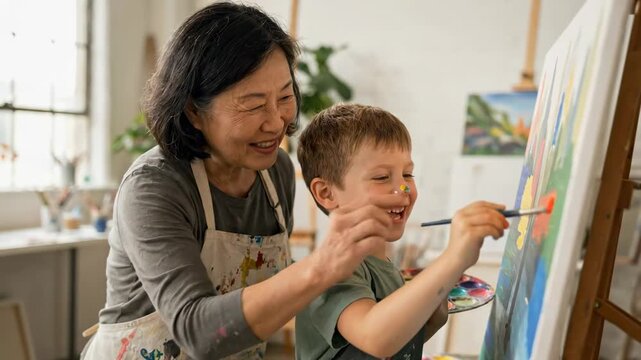 Older woman and young boy paint together at wooden easel in bright studio while she steadies brush in his hand; both focused on canvas, laughing softly, with paint dab on nose, with painting, studio