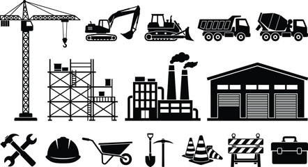 Heavy construction machinery and industrial factory building black silhouette vector icons set © Smith
