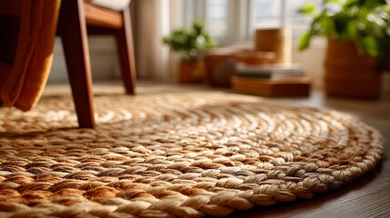 Obraz premium A close-up shot of a round woven rug with intricate patterns, placed on a wooden floor next to a chair leg and a potted plant