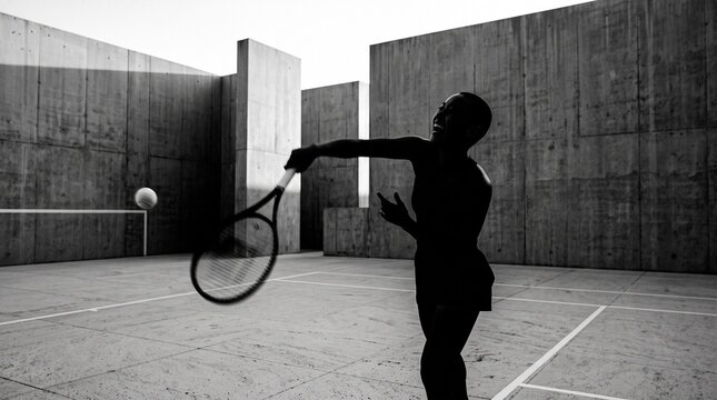 Tennis Player Hitting Serve on Concrete Court