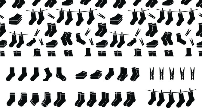 Socks and clothespins black silhouette vector elements set with a matching seamless background pattern