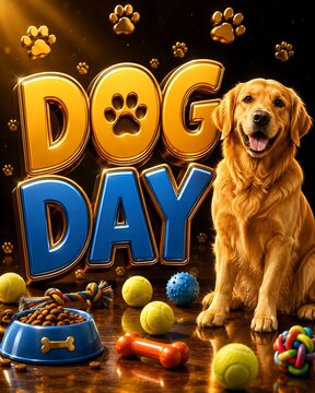 Happy golden retriever dog sitting next to colorful pet toys and a bowl of food with large bold dog day text on a dark background