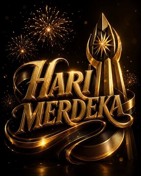 Golden 3d text design for hari merdeka celebration with shiny metallic letters and festive fireworks on a dark black background