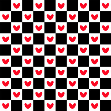 Minimal Seamless Checkerboard Pattern with Red Heart Icons on Black and White Background