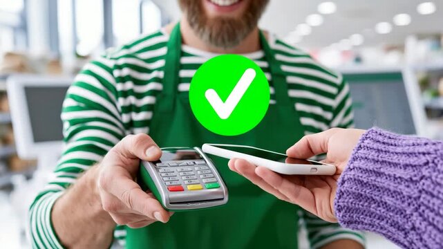 Tracking shot of cashier holding card reader while customer taps smartphone to pay at retail store checkout counter