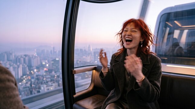 Woman Laughing in High-Rise Observation Deck with City View