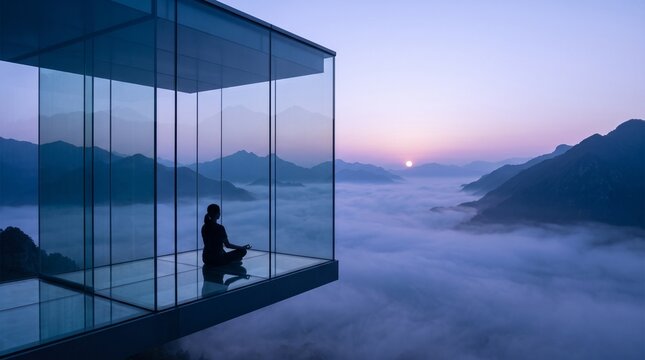 Woman Meditating in Glass Pavilion Above Clouds at Sunrise