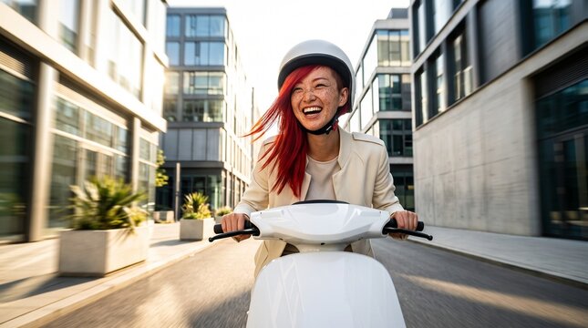 Woman Riding Electric Scooter Through Urban Street