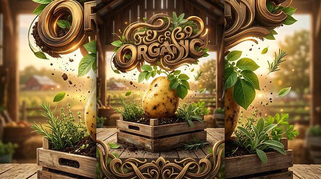 Fresh organic food display with wooden crates of vegetables and green leaves in a rustic farm market setting with brown tones
