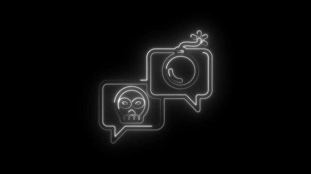 Neon skull and bomb icons in chat bubbles on black background abstract communication danger