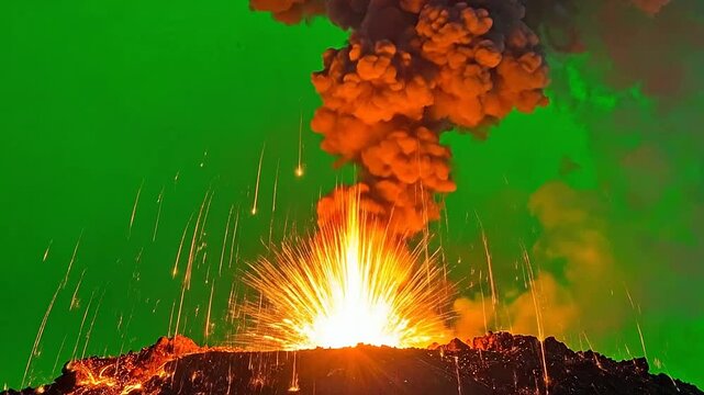 A powerful volcanic eruption releases glowing lava and thick smoke into the dark atmosphere