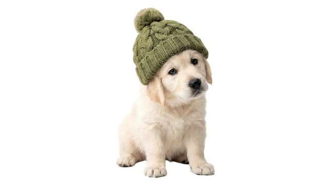 Golden retriever puppy wearing a green knitted pom pom beanie tilting its head with a curious expression rendered in PNG format isolated on a transparent background