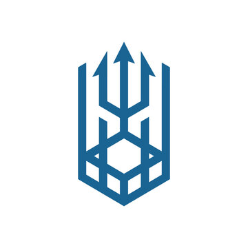 Blue geometric trident logo icon design.