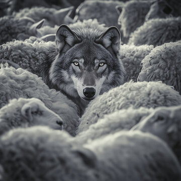 Wolf hidden among a flock of sheep looking directly at the camera, wolf in sheep's clothing concept