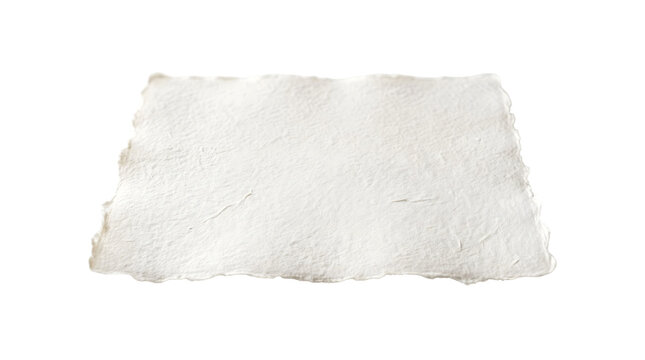 Handmade paper sheet with a naturally torn deckle edge and soft fibrous surface texture rendered in PNG format isolated on a transparent background