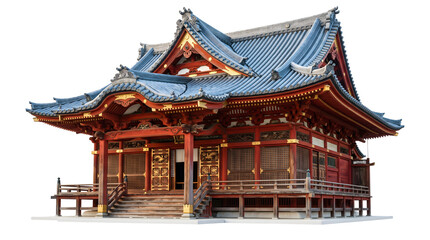 Fototapeta premium Traditional Japanese temple with ornate blue tiled roof and red wooden pillars rendered as isolated PNG with transparent background