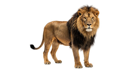 Male lion with a thick dark mane and golden fur standing proudly captured as isolated PNG with transparent background © Inkartia