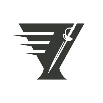 Fencing rapier sword integrated into cocktail glass logo.