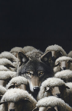 Wolf hidden among a flock of white sheep staring out against a black background, wolf in sheep's clothing concept