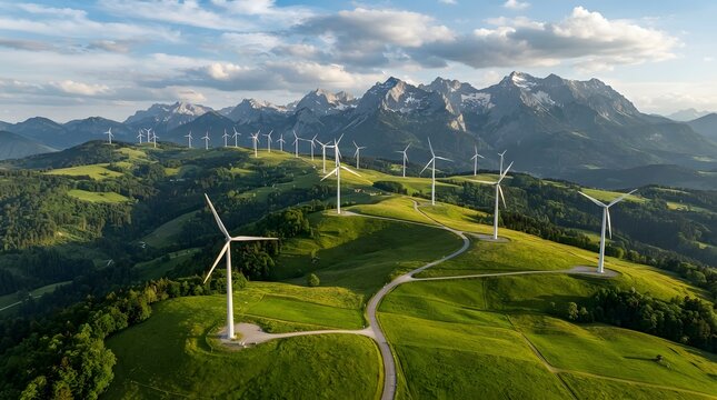 Wind turbines on green hill with mountains