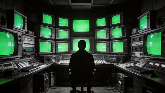 Person in control room with green screens