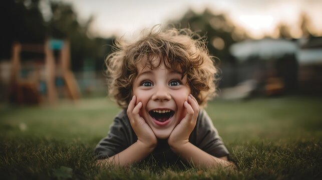 Little boy rests his face on hands in the field.