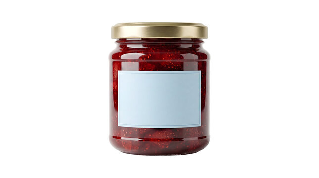 Raspberry jam in a glass jar with a gold lid and blank label mockup ready for branding rendered in PNG format isolated on a transparent background