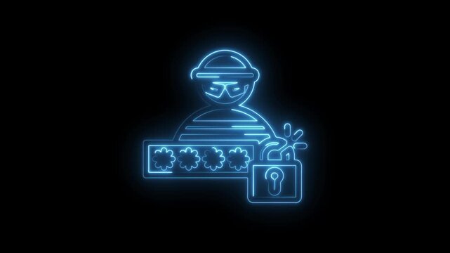 Cyber security hacker breaking password lock glowing neon icon animation digital crime data