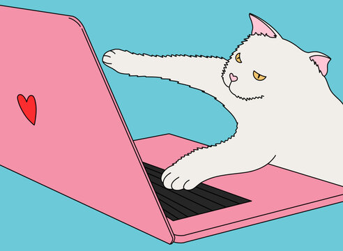 Cute Cartoon of a White Playful Domestic Cat with Yellow Eyes Typing on Pink Laptop Computer against Light Blue Background. Horizontal Banner Remote Work from Home Humor Vector Illustration 