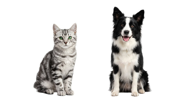 Tabby cat with striking green eyes sitting beside a black and white border collie dog with a cheerful expression rendered in PNG format isolated on a transparent background