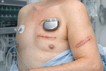 Obraz premium A person wearing an external pacemaker device on their chest, used to regulate heartbeat