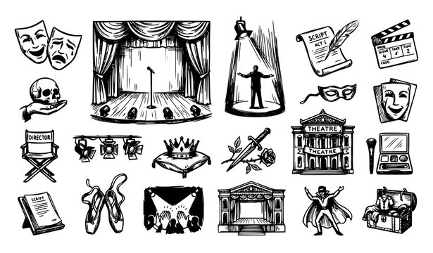 Hand drawn theatre and drama icon illustration set black line vector sketch art isolated on white background