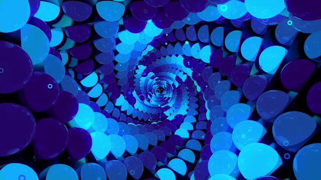 Abstract digital vortex loop made of twisting hemispheres, spiral particle arrays and complex data structures, creating deep astrophysics science background