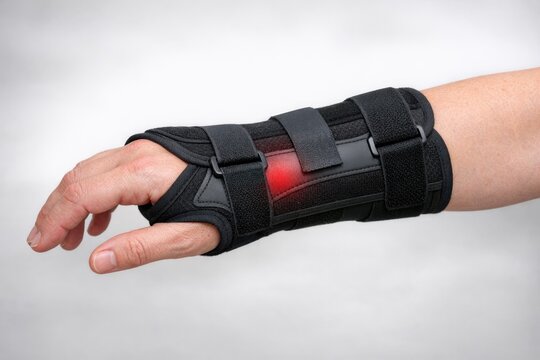A hand wearing a wrist brace with a red light attached, often used in medical or industrial settings