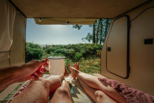 Morning Coffee in Vintage Campervan with Fern Forest View &ndash; Van Life Lifestyle