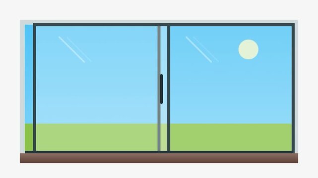 Flat vector animation of a sliding glass door opening to a sunny day
