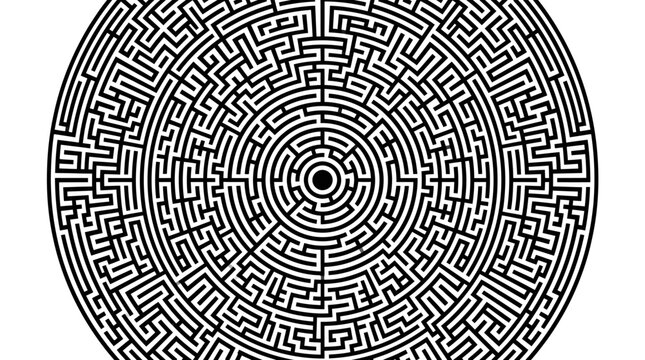 Complex circular maze labyrinth pattern in black and white.