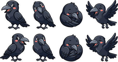 Obraz premium Cute Cartoon Crow Character Collection Featuring Standing, Sitting, Flying, Sleeping and Adorable Bird Poses