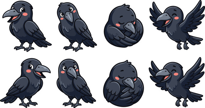 Cute Cartoon Crow Character Collection Featuring Standing, Sitting, Flying, Sleeping and Adorable Bird Poses