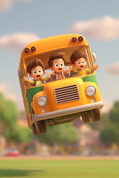 Children ride a yellow school bus in the air.