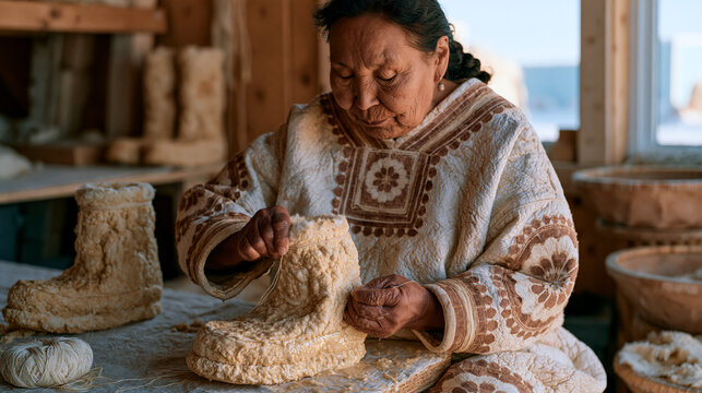 Inuit seamstress waterproofing traditional seal-skin boots in a community workshop, sinew thread, September preparation for freeze season, Arctic Indigenous craft, cultural